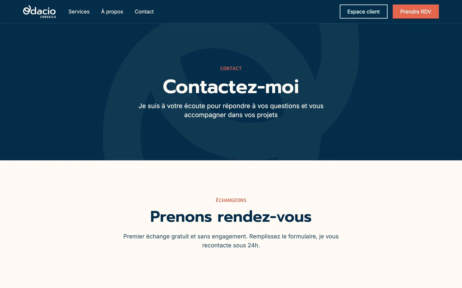 La page de prise de rendez-vous d'Odacio Conseils : créneaux en ligne et téléphone visible